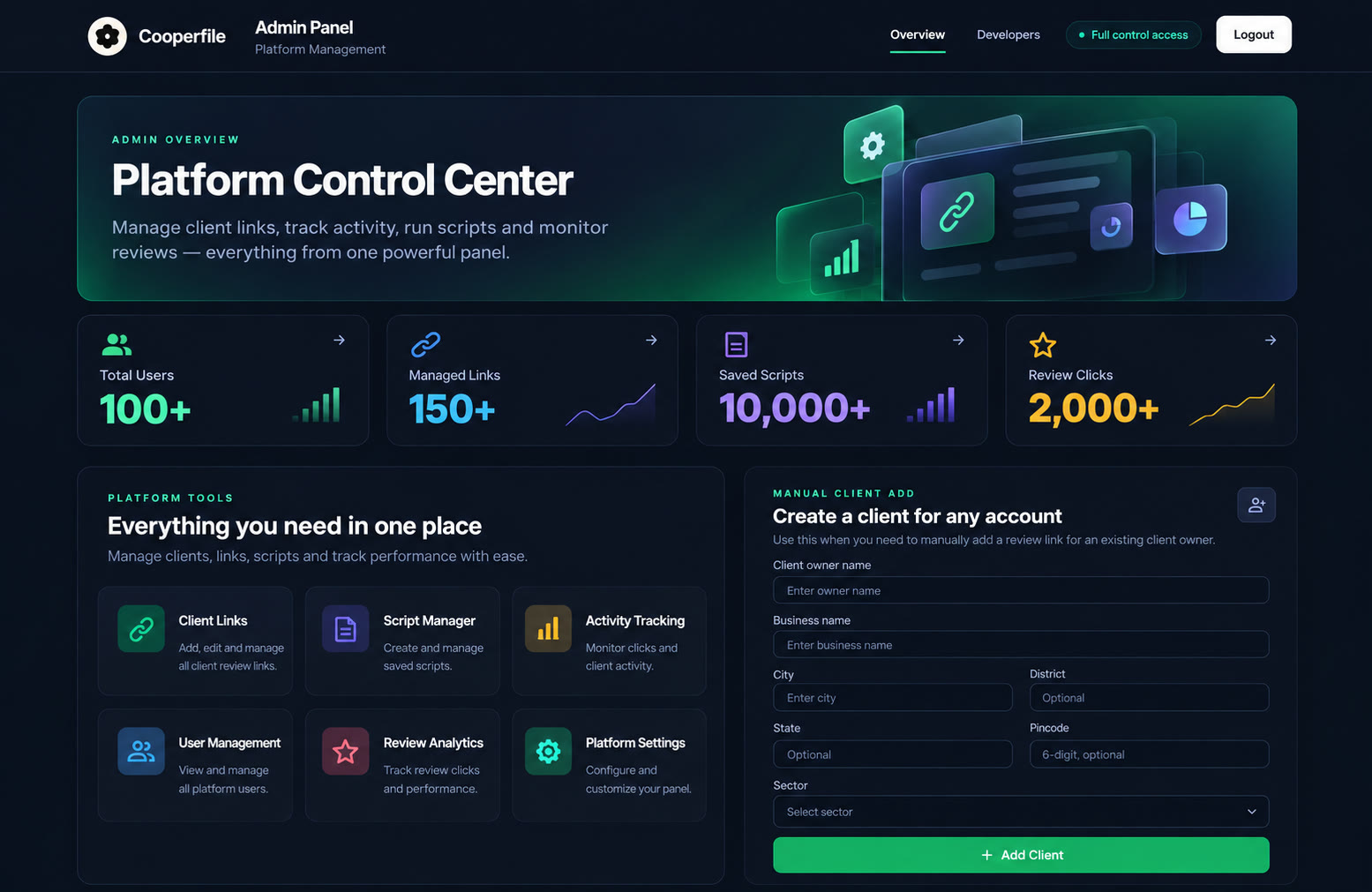 Cooperfile admin panel: platform control center for client review links, scripts, activity tracking and review analytics