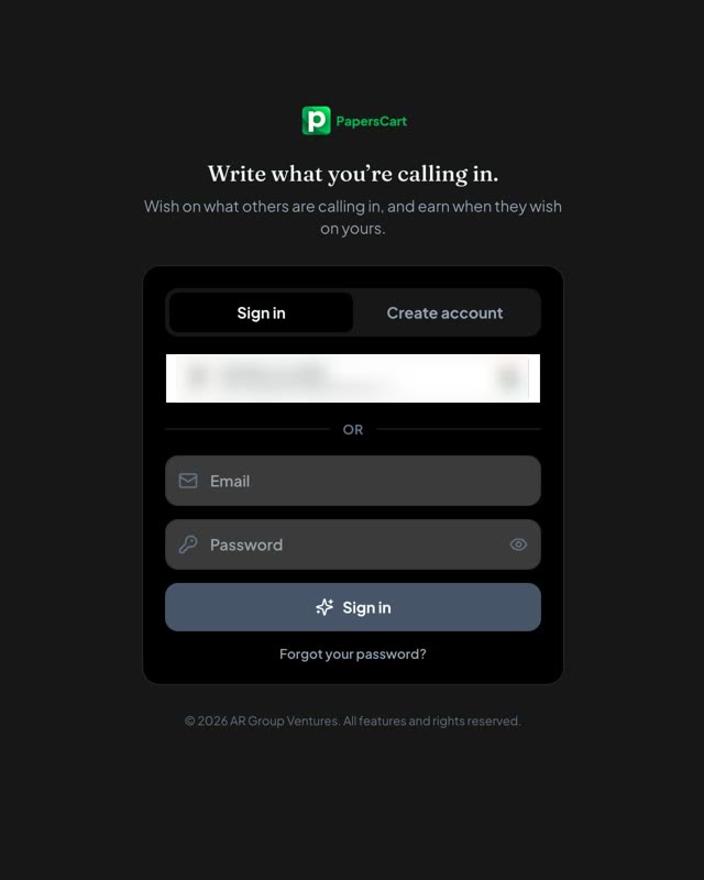 Papers Cart sign-in screen: Write what you’re calling in